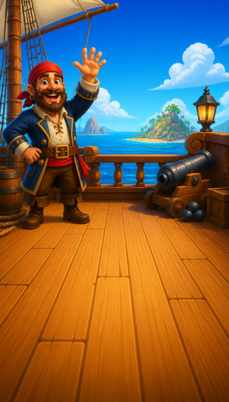 Convés de navio pirata com capitão acenando